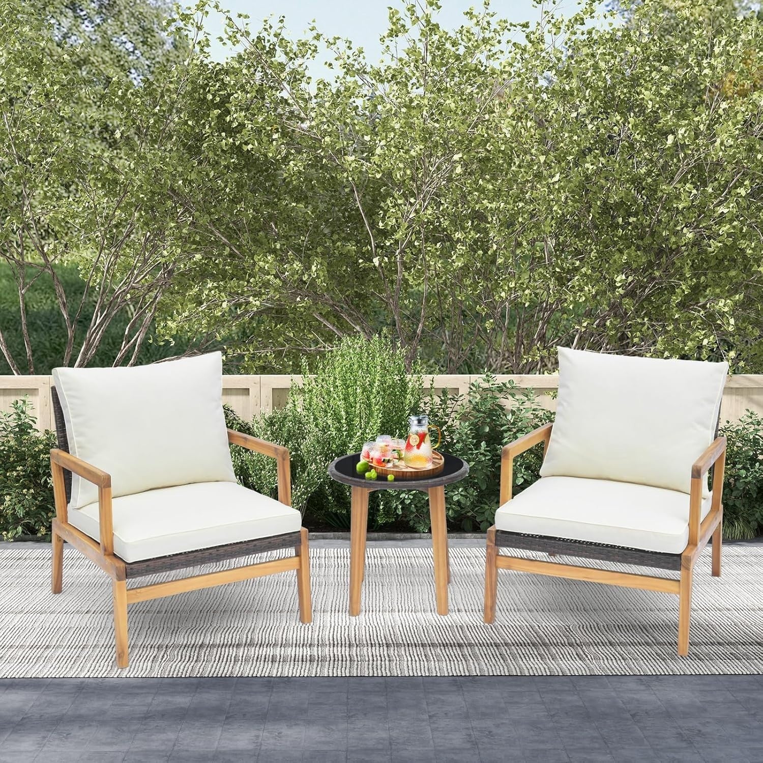 Luxury Acacia Garden Armchair Set with Cushions & Glass Table Patio Balcony