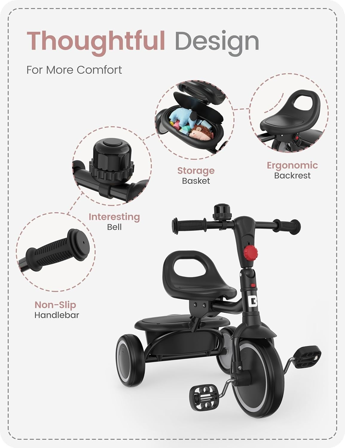 Foldable Toddler Tricycle Kids Trike Adjustable Seat Black Age 18M-5Y