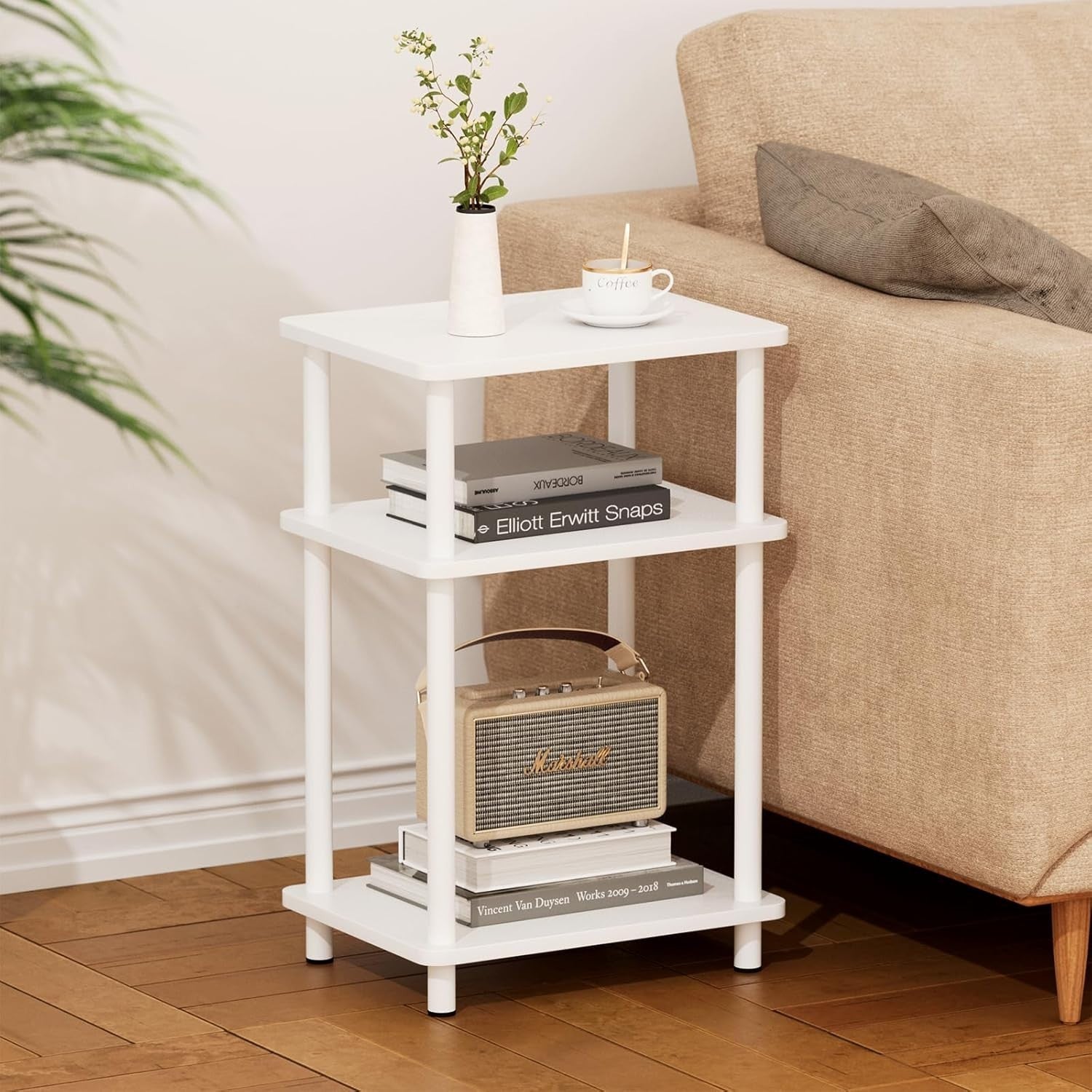 White 3-Tier Slim Side Table with Storage Shelf – Bedside End Table
