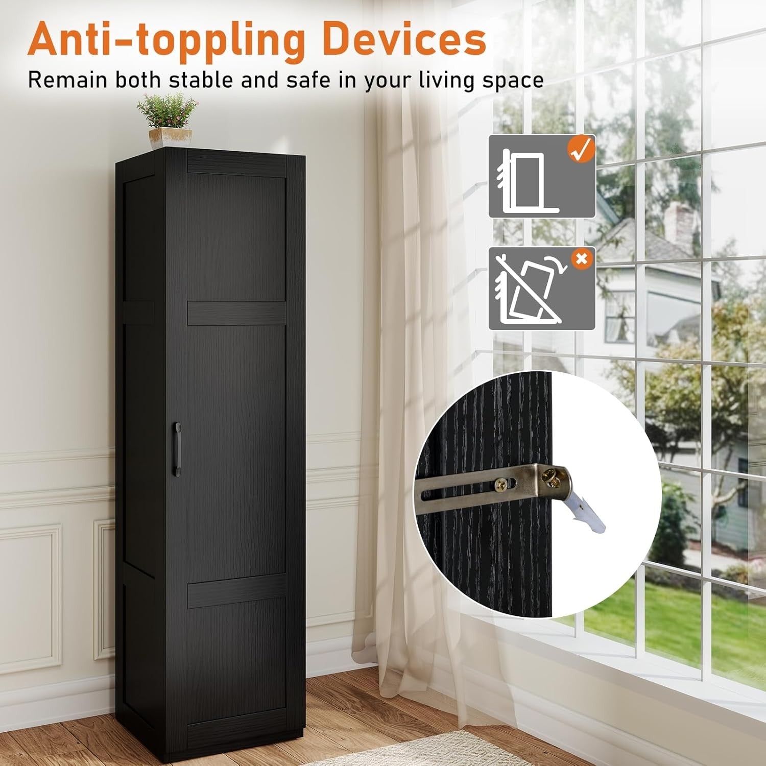 Tall Black Kitchen Cupboard 4 Tier Wooden Pantry Storage Cabinet Organizer