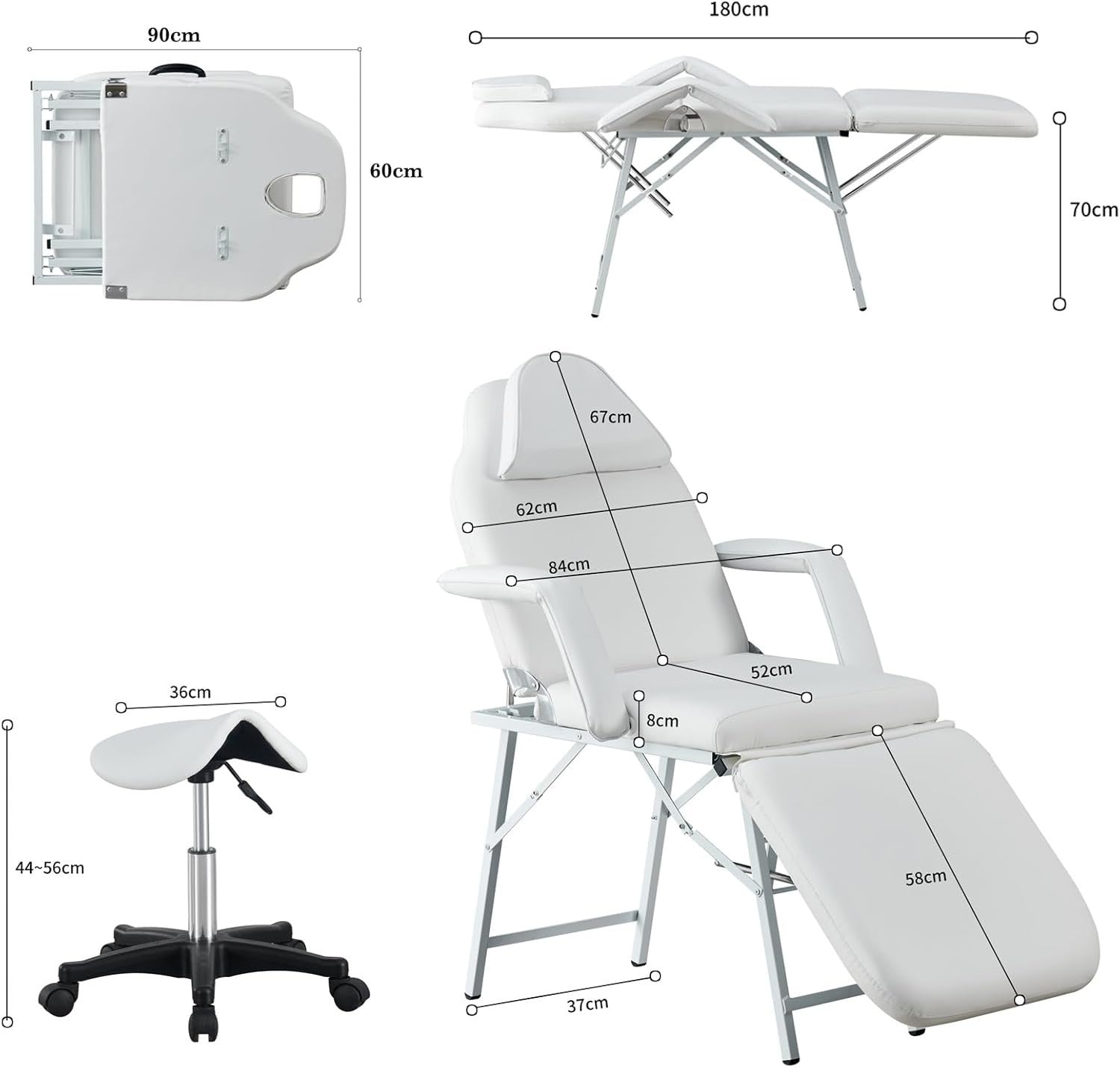 Tri-Fold Portable Beauty Massage Bed Adjustable 3-Section Chair w/ Stool White