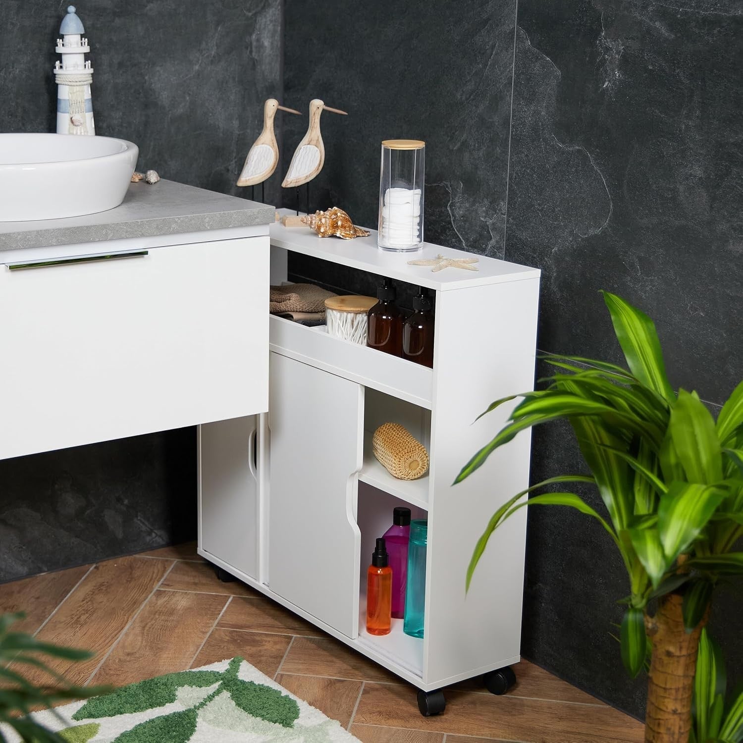Slim Rolling Storage Cabinet Bathroom Kitchen Trolley Shelves White Cart