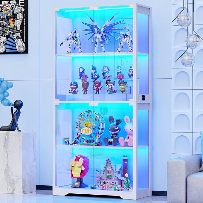 LED Display Cabinet with Glass Doors, 4-Tier Shelf, Sensor & 3-Color Lights