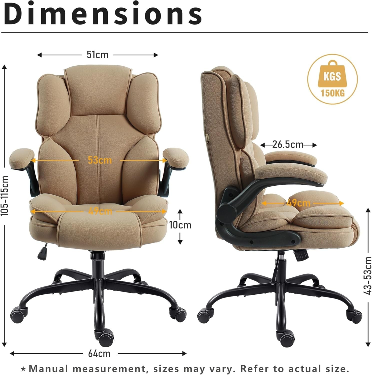 Ergonomic Office Chair Fabric 90° Flip-Up Arms Beige