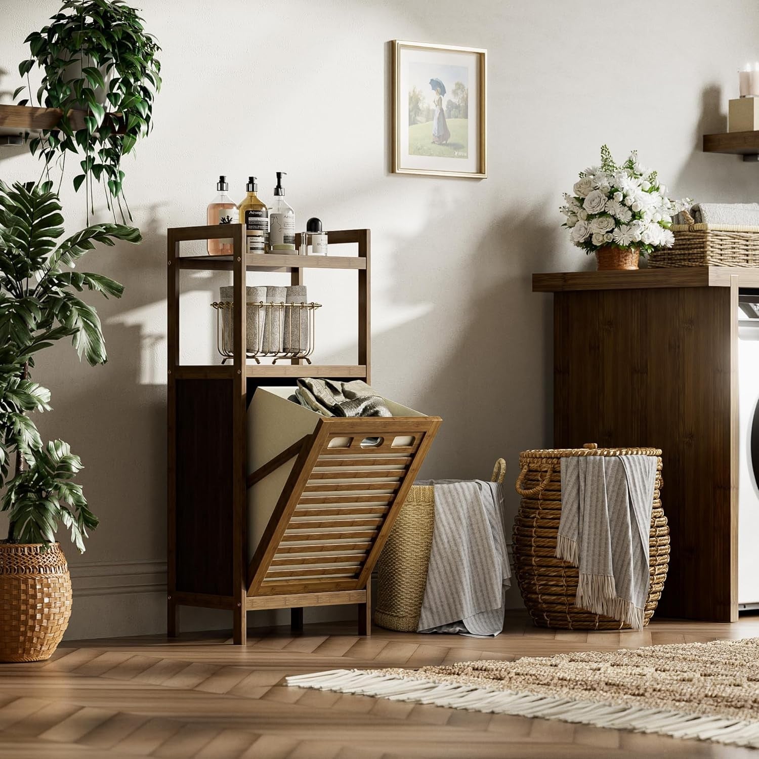 Bamboo Tilt Out Laundry Hamper Cabinet with Shelves Storage Unit Walnut