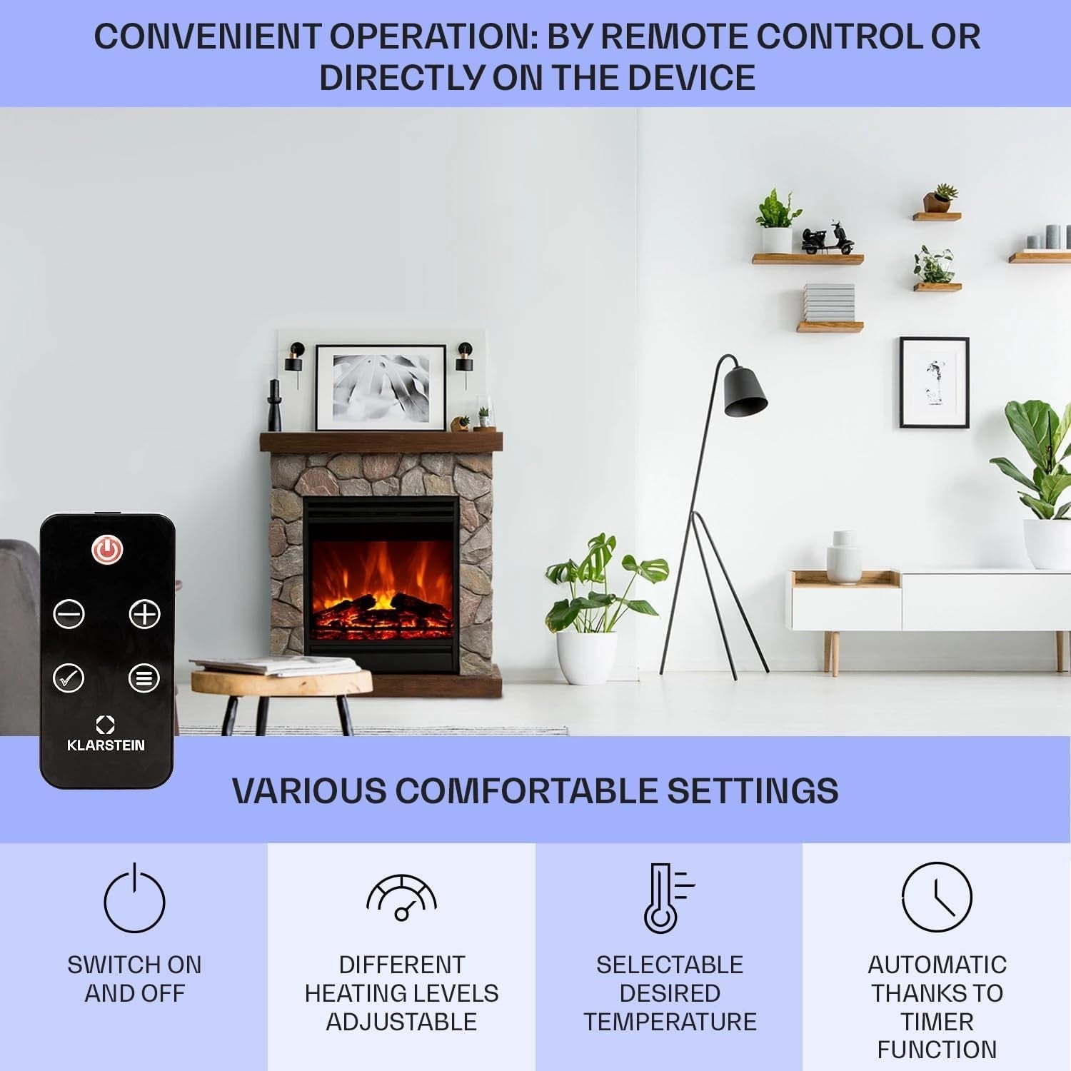 Freestanding Electric Fireplace Heater 1800W LED Flame Timer Remote Control