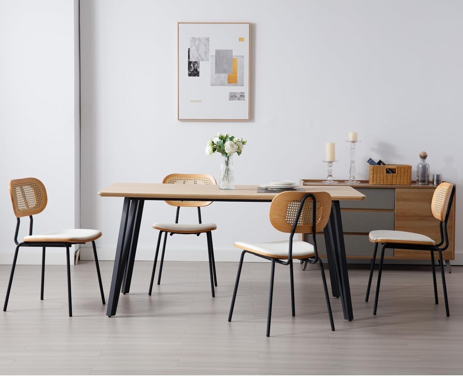 White Rattan Dining Chairs Set of 2 Metal Legs Modern Kitchen Dining Seats