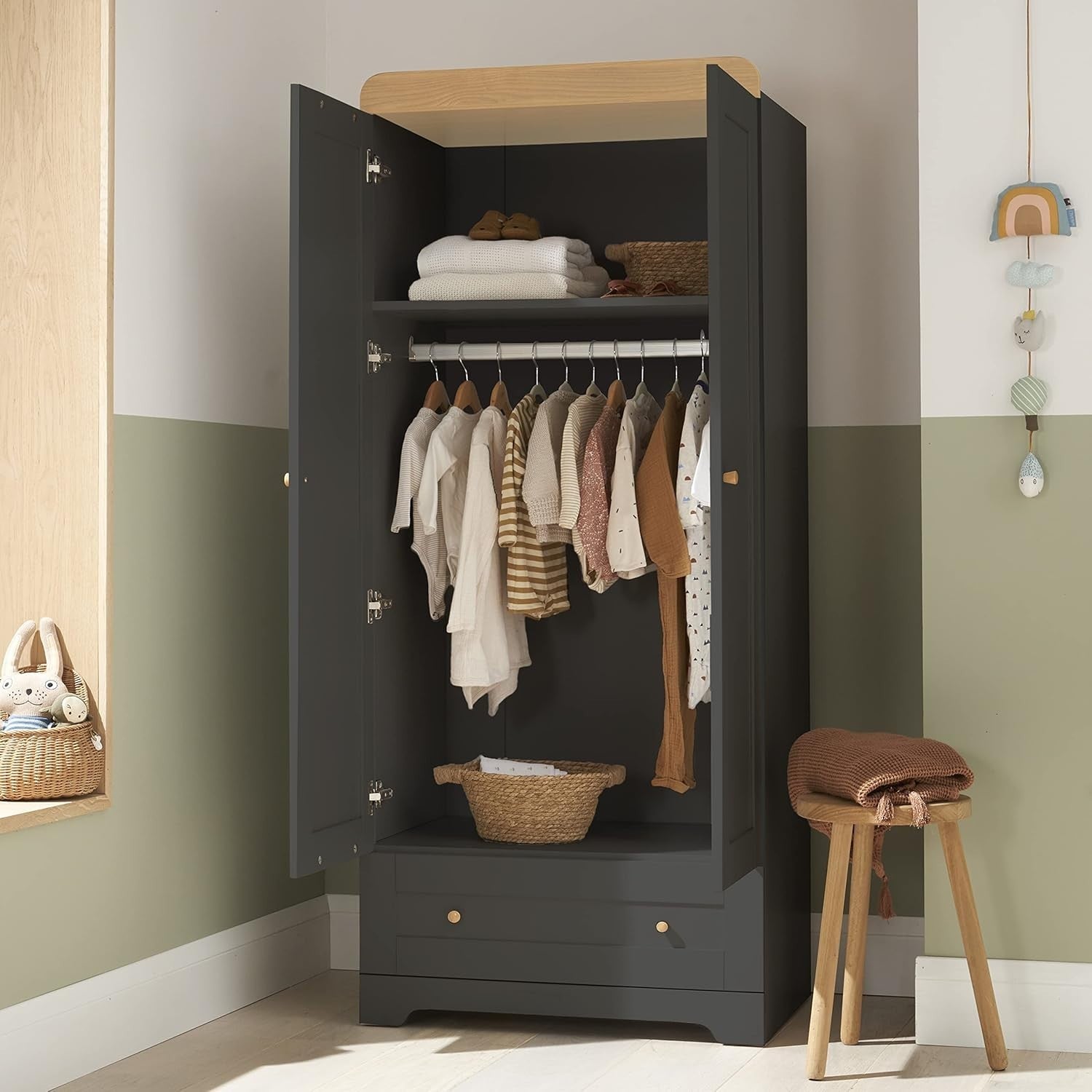 3pcs Nursery Furniture Set Cot Bed Wardrobe Chest Drawers Solid Wood Slate Grey
