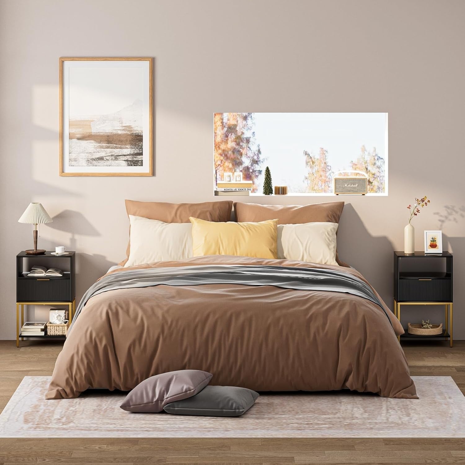 Modern Black Bedside Table with Gold Legs – 3-Tier Fluted Storage Nightstand