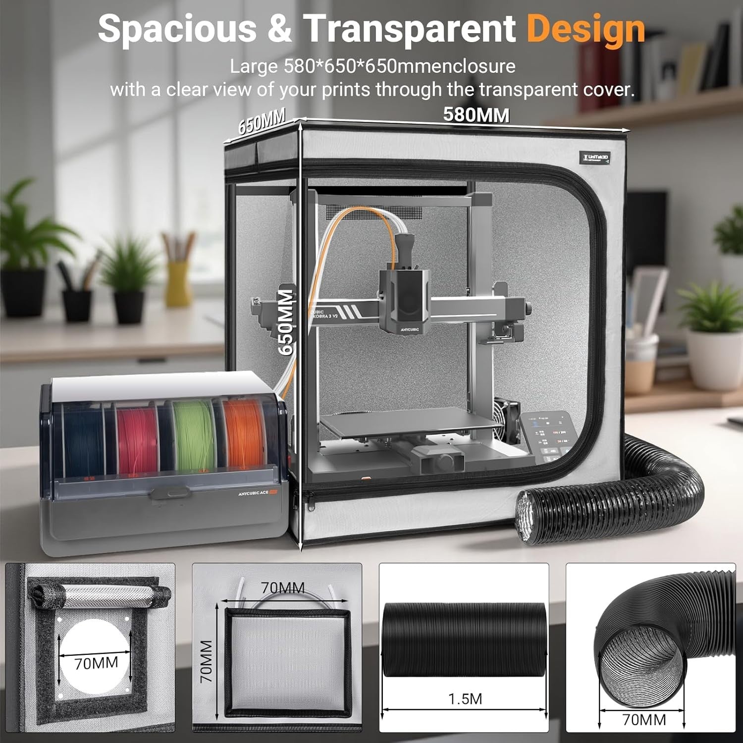 3D Printer Enclosure Fireproof Ventilated LED Noise Reduction Large