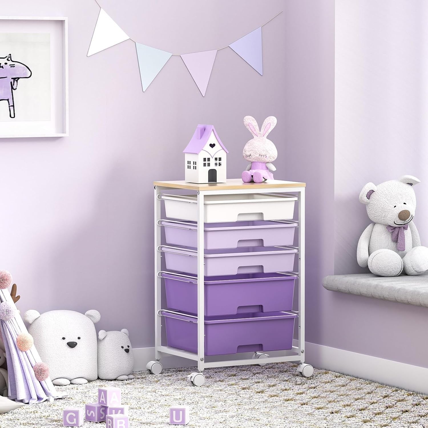 5 Drawer Mobile Storage Trolley Rolling Organizer Cart Purple Wheels