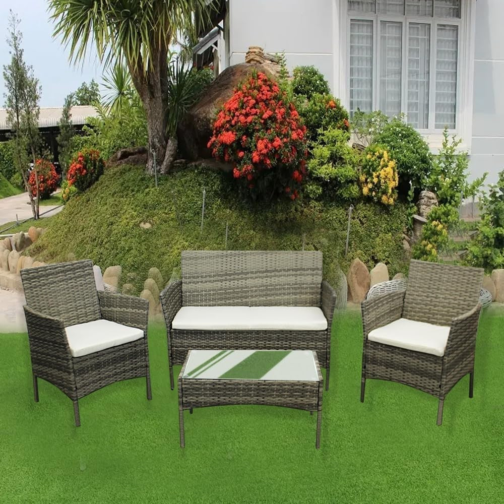 Outdoor Rattan Garden Sofa Set 4-Seater with Mixed Grey + Beige Cushions