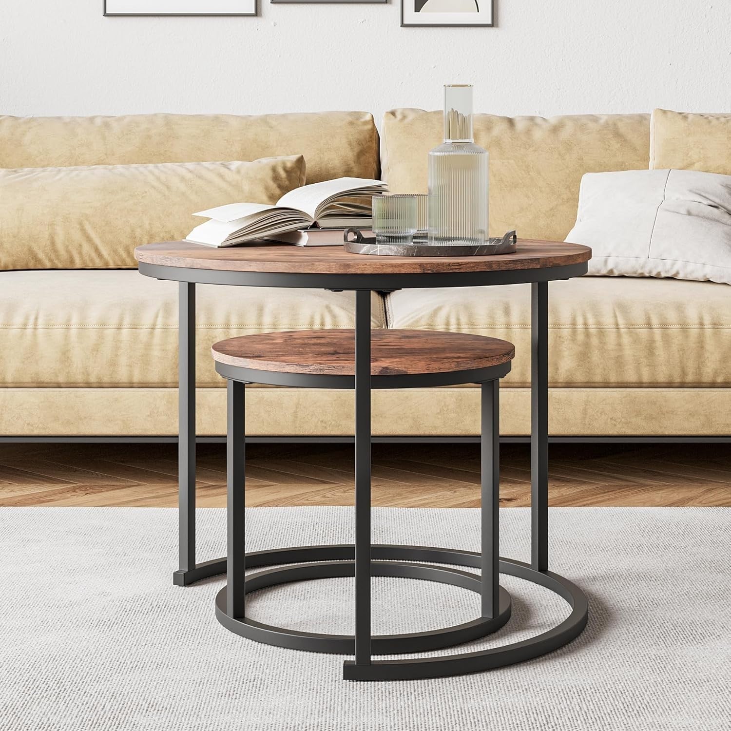 Space Saving Coffee Table Set 2 Brown Nesting Side End Tables Storage