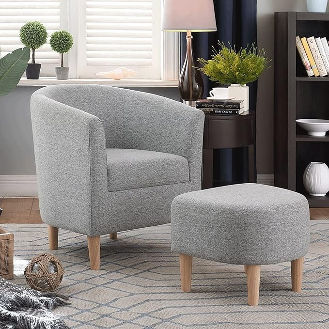 Grey Tub Chair with Footstool Linen Accent Armchair Small Spaces