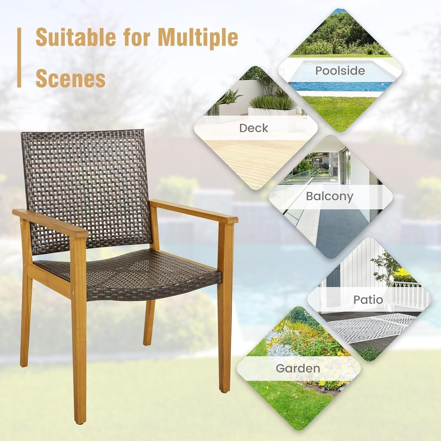 4x Garden Dining Chairs Acacia Wood Rattan Armchairs Outdoor Patio Set