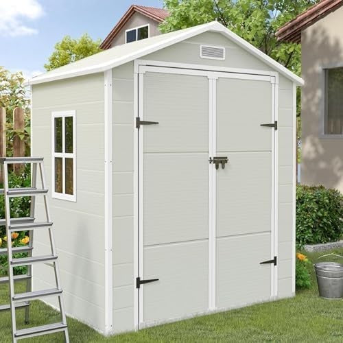 Plastic Garden Shed 6x4.5FT Outdoor Storage with Lock, Floor & Window Sandstone