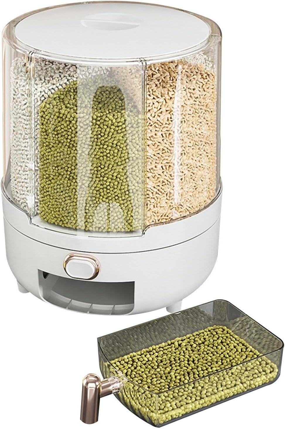 360° Rotating Grain Dispenser 6 Compartment Airtight Food Storage