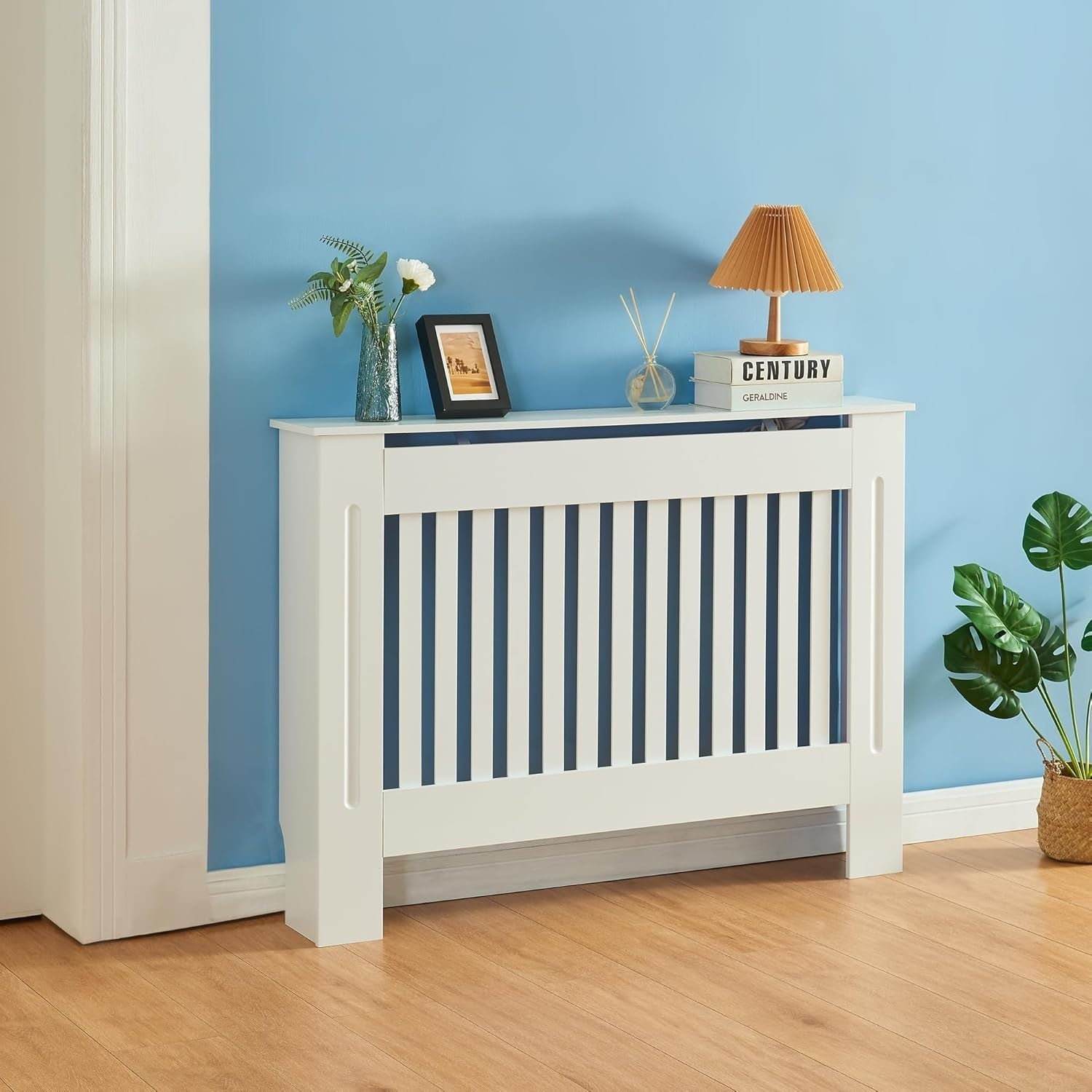 White Radiator Cover Medium 112cm Modern Slatted Wood Design Heating Cabinet