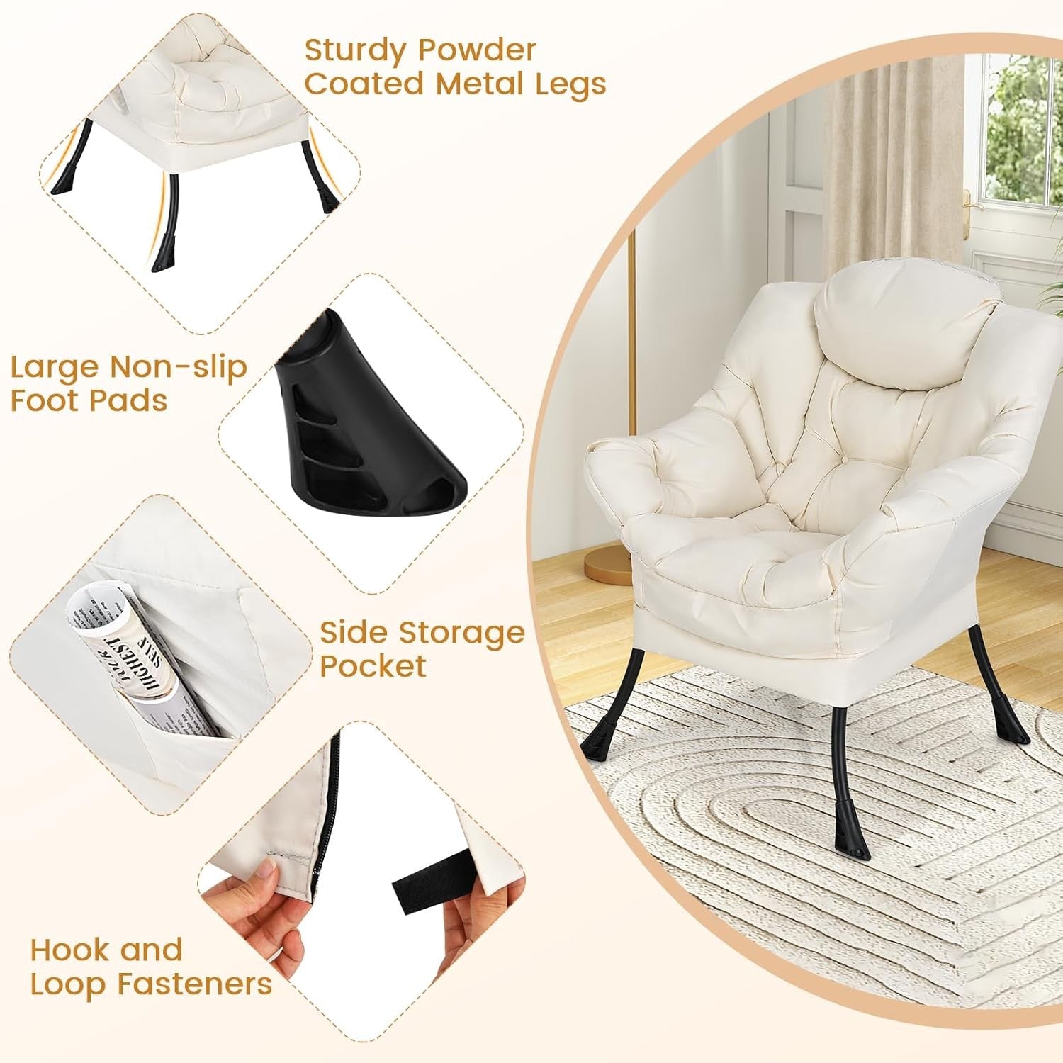 Fabric Lounge Armchair Comfy Reading Chair Side Pocket Beige