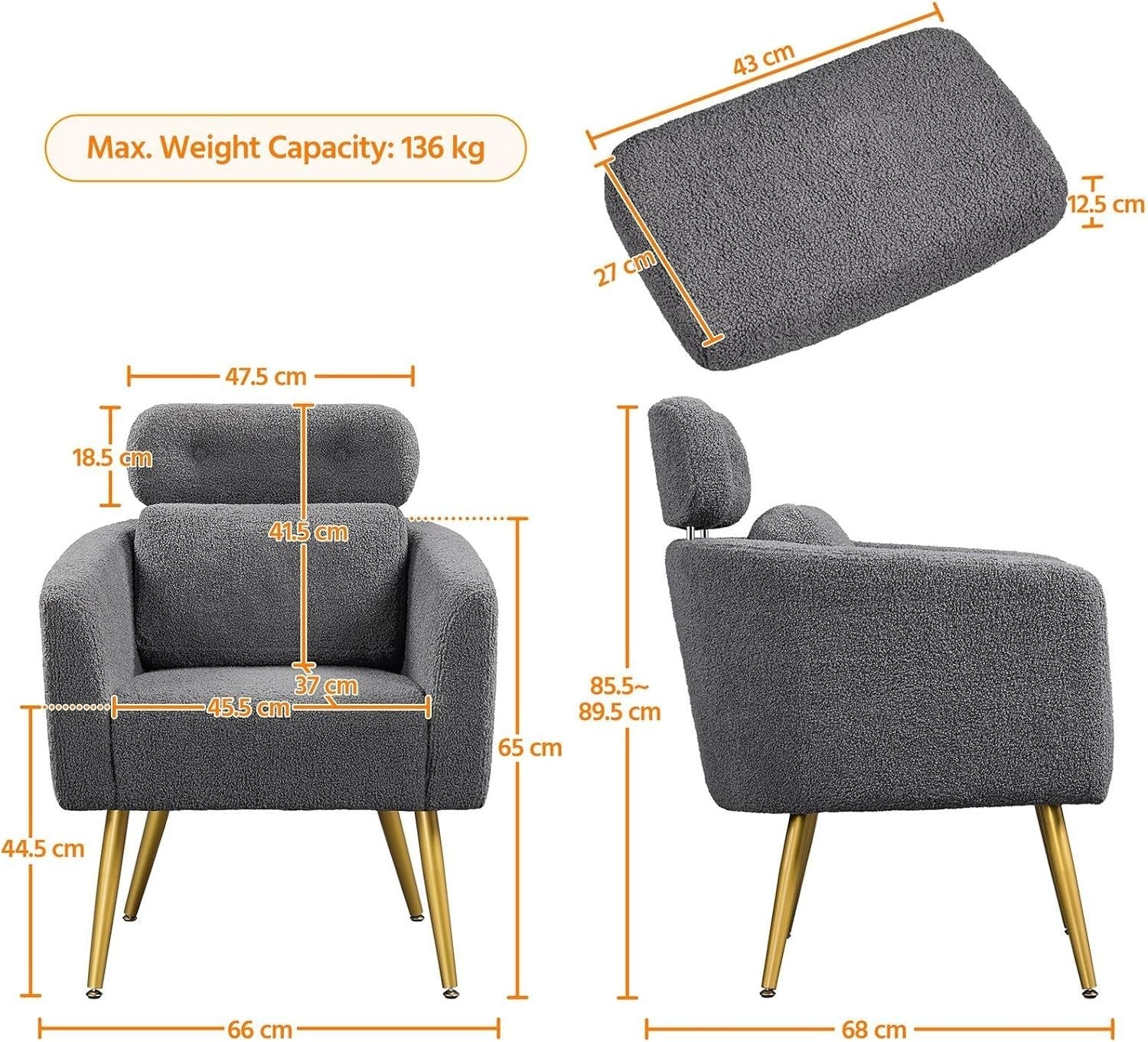 2x Dark Grey Boucle Armchairs with Headrest & Lumbar for Lounge/Office