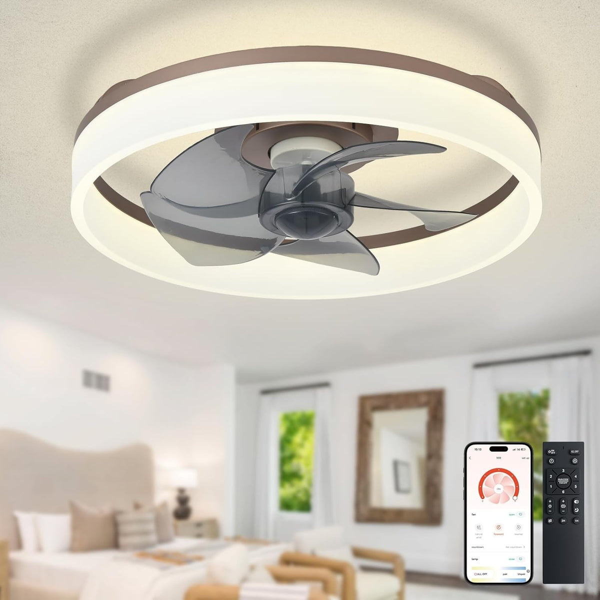 16" LED Ceiling Fan with Light, Remote & App Control, Dimmable, Brown Bladeless