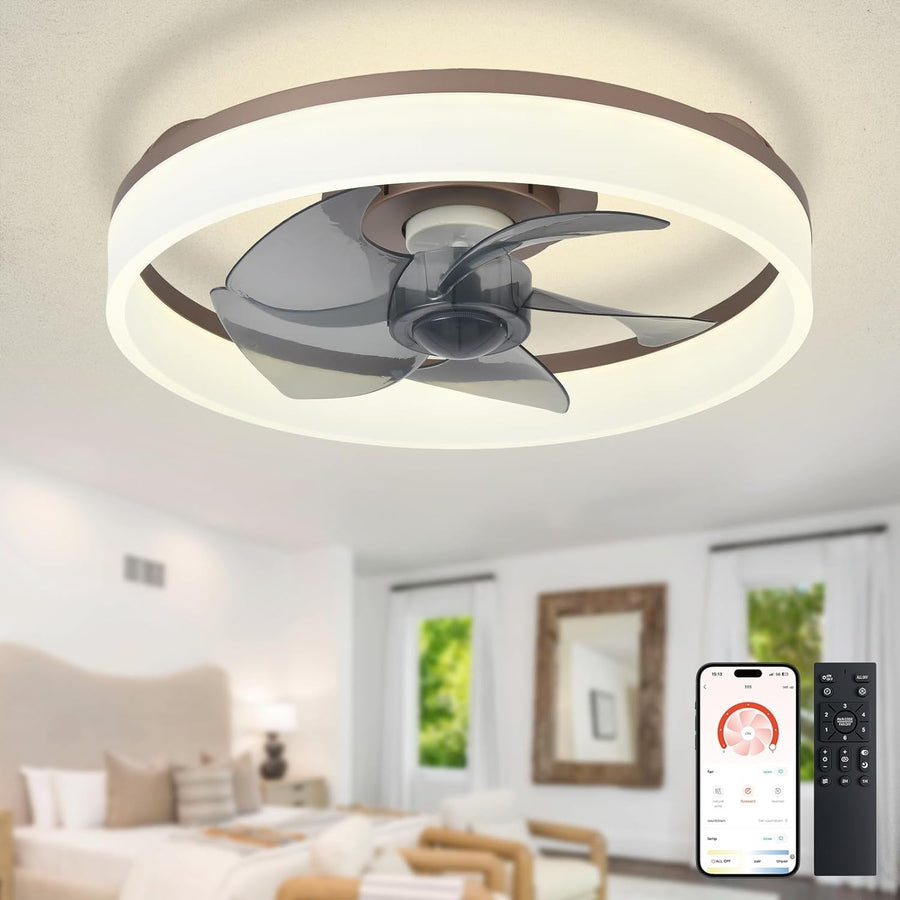 16" LED Ceiling Fan with Light, Remote & App Control, Dimmable, Brown Bladeless