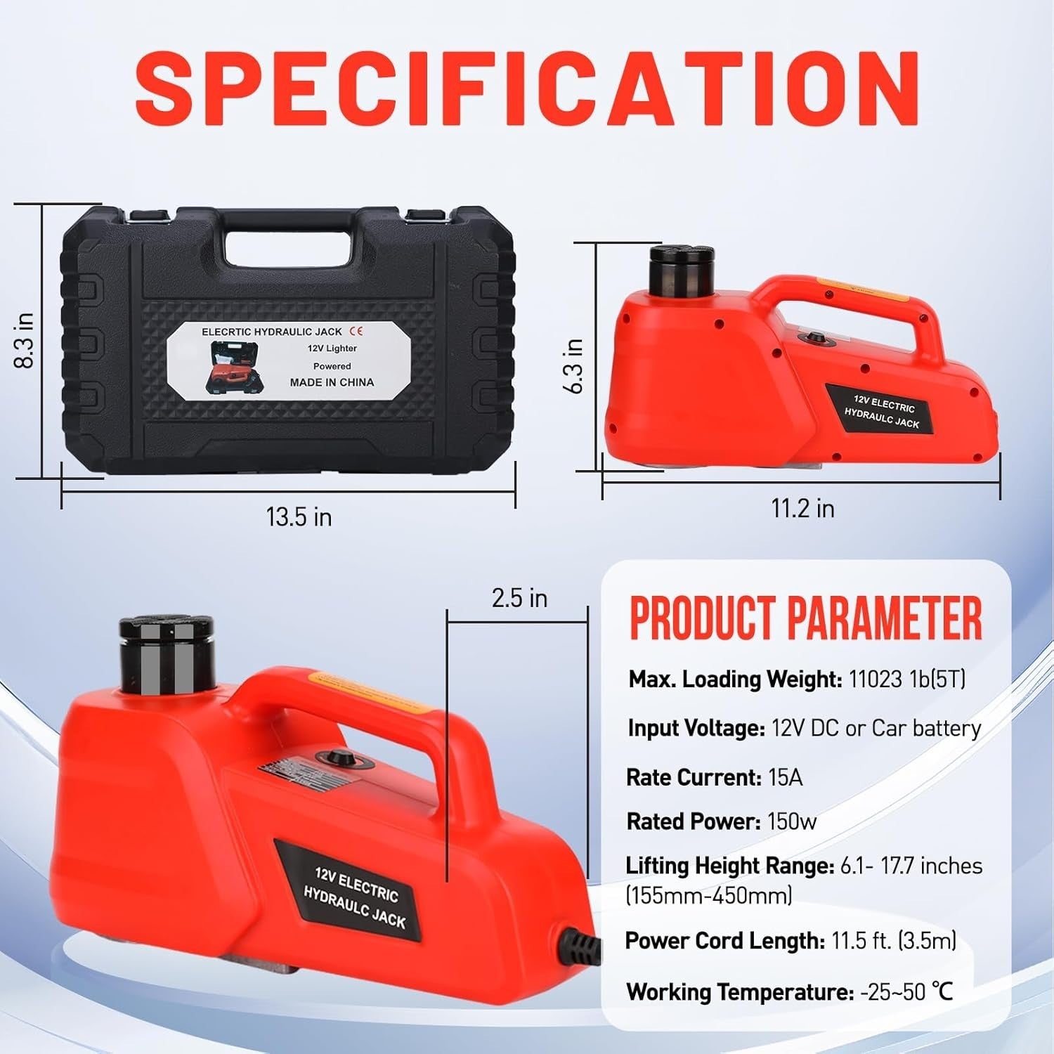 5 Ton Electric Hydraulic Car Jack 12V Portable Lift 6.1–17.7" Range for SUV/Car