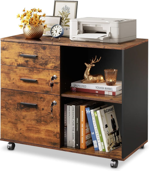 Rustic Brown Mobile File Cabinet 80x40x63cm Lockable Drawers Shelf
