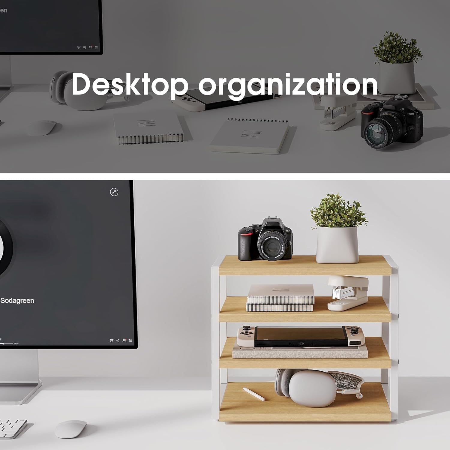 4 Tier Desk File Organizer Shelf A4 Paper Tray Wood Metal Office Rack