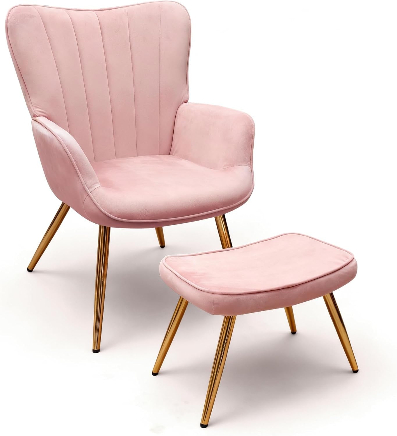 Wing Back Accent Armchair with Footstool Modern Lounge Chair Pink