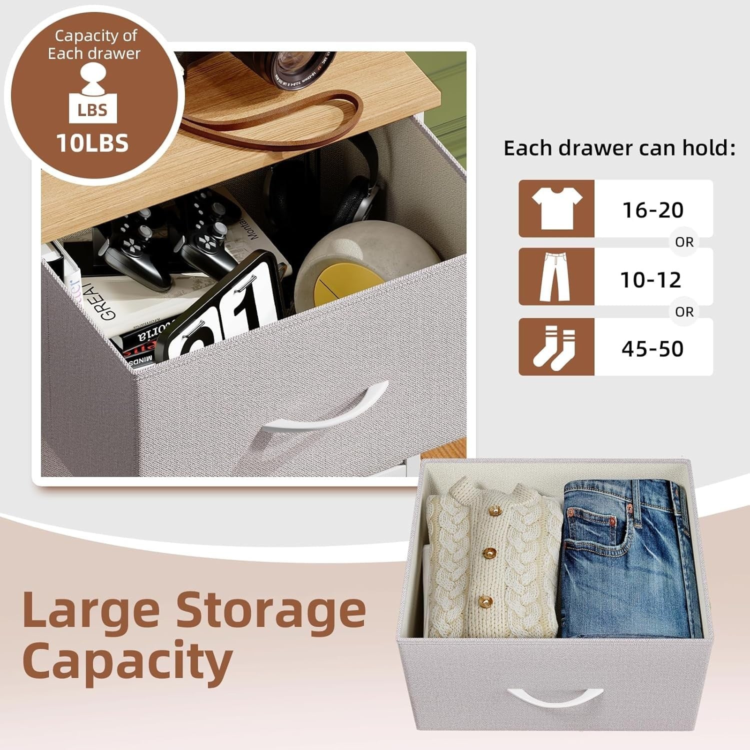 Modern Grey Bedside Tables Set of 2 with Fabric Drawers, Lightweight Cabinets