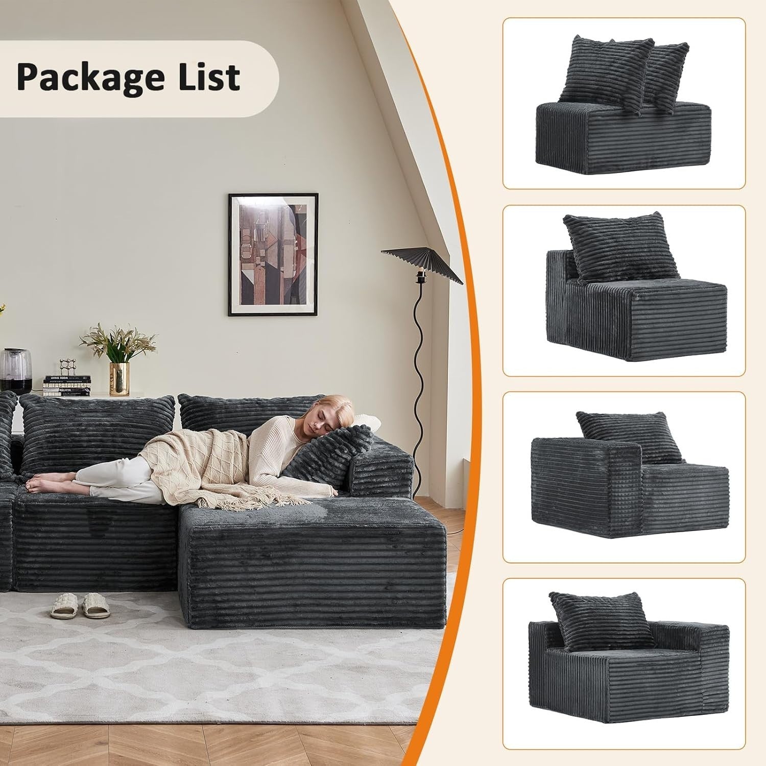 Modular 3/4 Seater Sofa Grey Corner Couch No Assembly, Memory Foam, 274cm