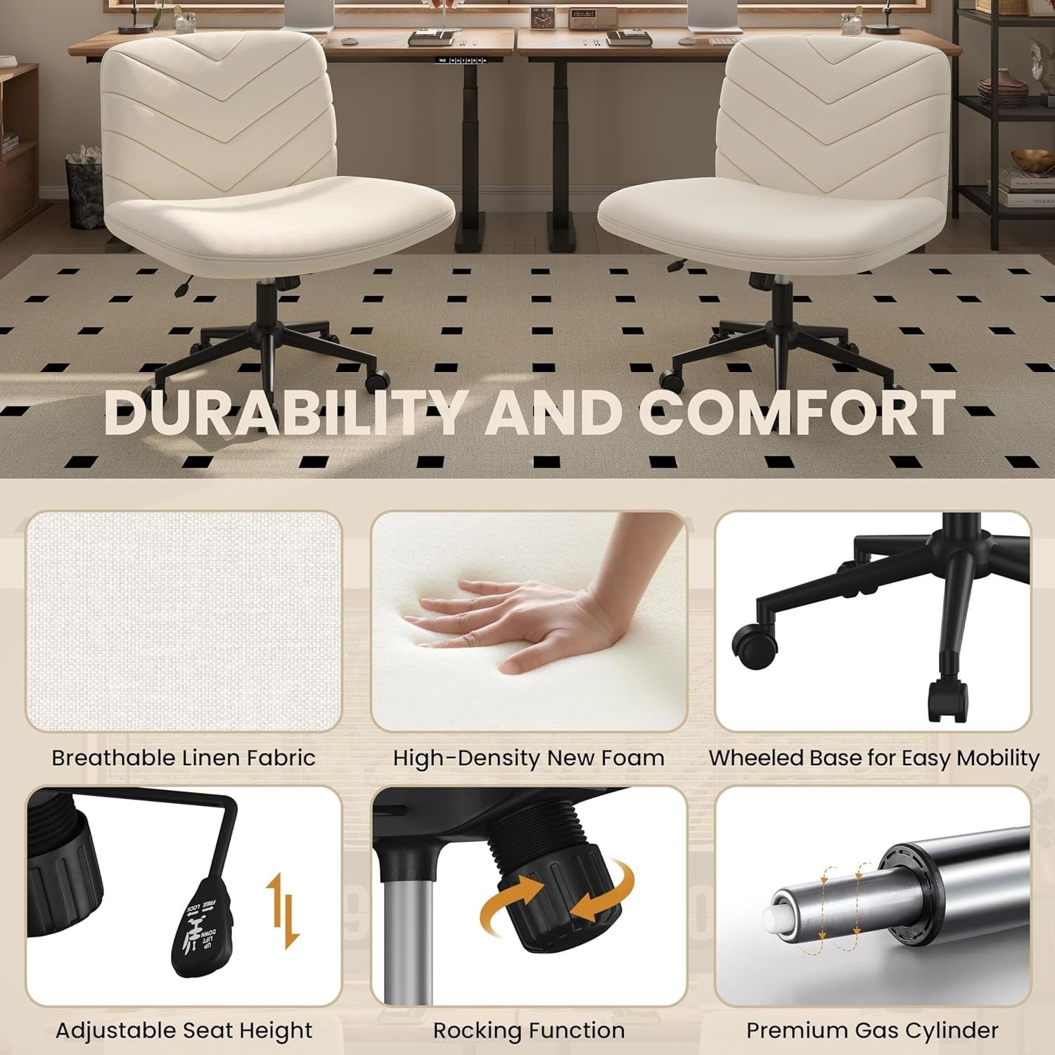 Armless Office Desk Chair Padded Cross Legged Swivel Adjustable Height Beige