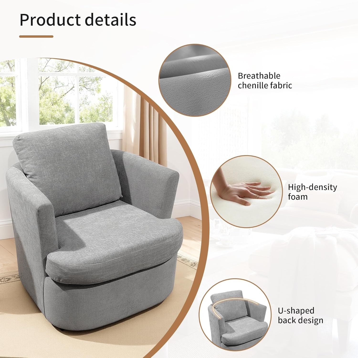 Swivel Tub Chair Accent Armchair with Pillow Grey