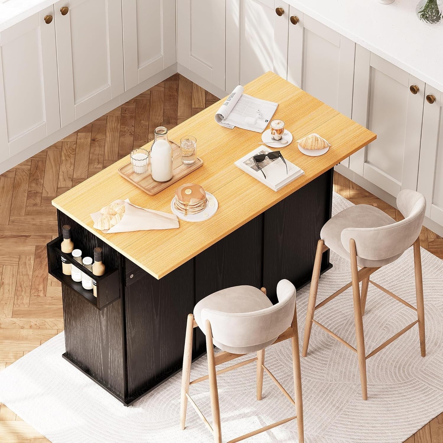 Rolling Kitchen Island Cart with Drop-Leaf, Trash Storage & Spice Rack