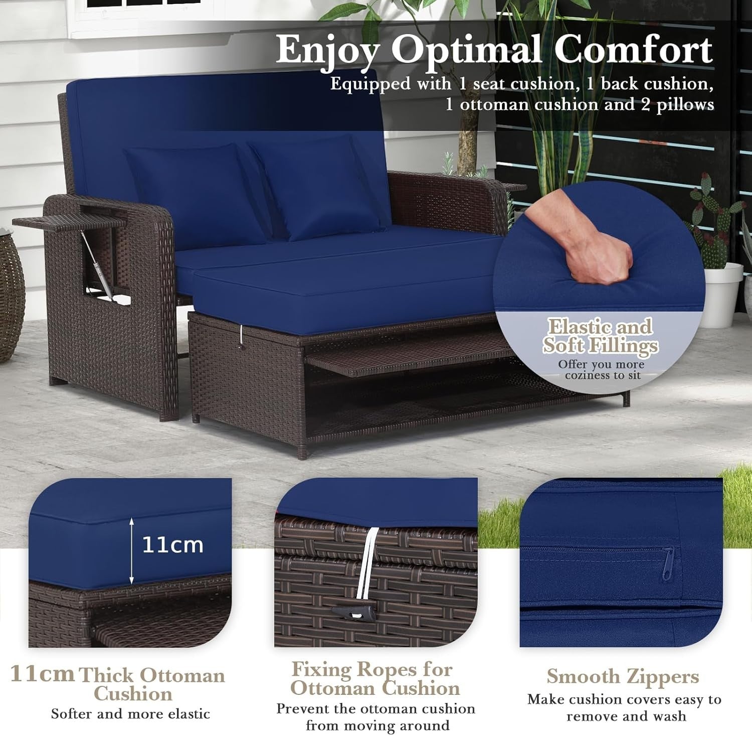 Navy+Brown 2-Seater Rattan Daybed Outdoor with Adjustable Back & Ottoman