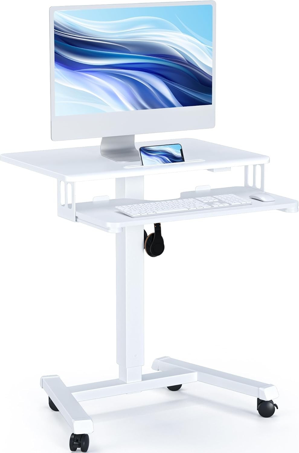 Height Adjustable Mobile Standing Desk on Wheels Laptop Workstation White