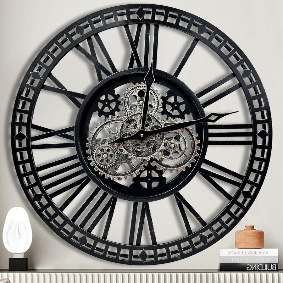 Oversized Industrial Steampunk Wall Clock 24" Silent Moving Gears Decor