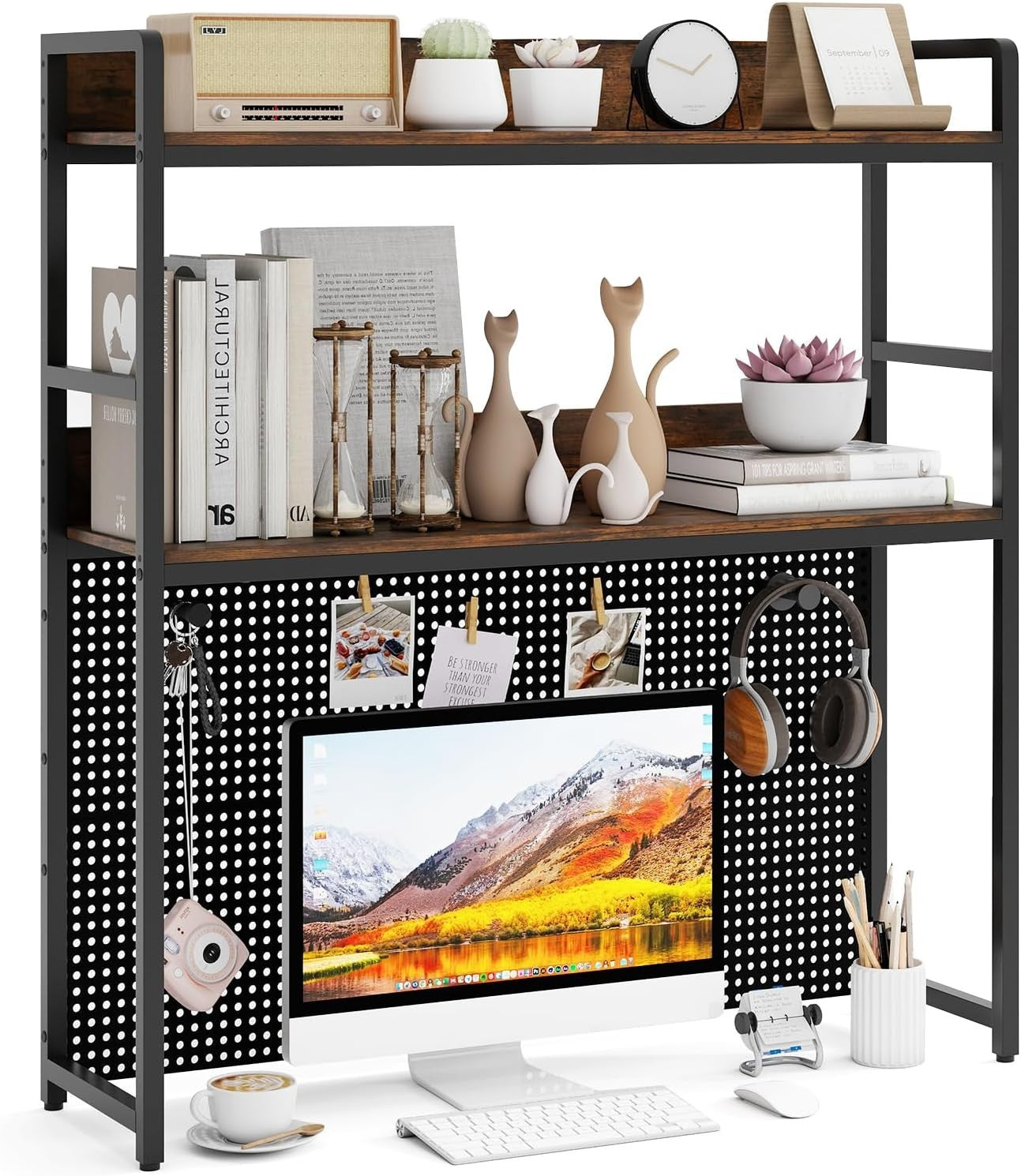 94cm Industrial Desk Hutch – 2-Tier Desktop Bookshelf w/ Pegboard & Metal Frame