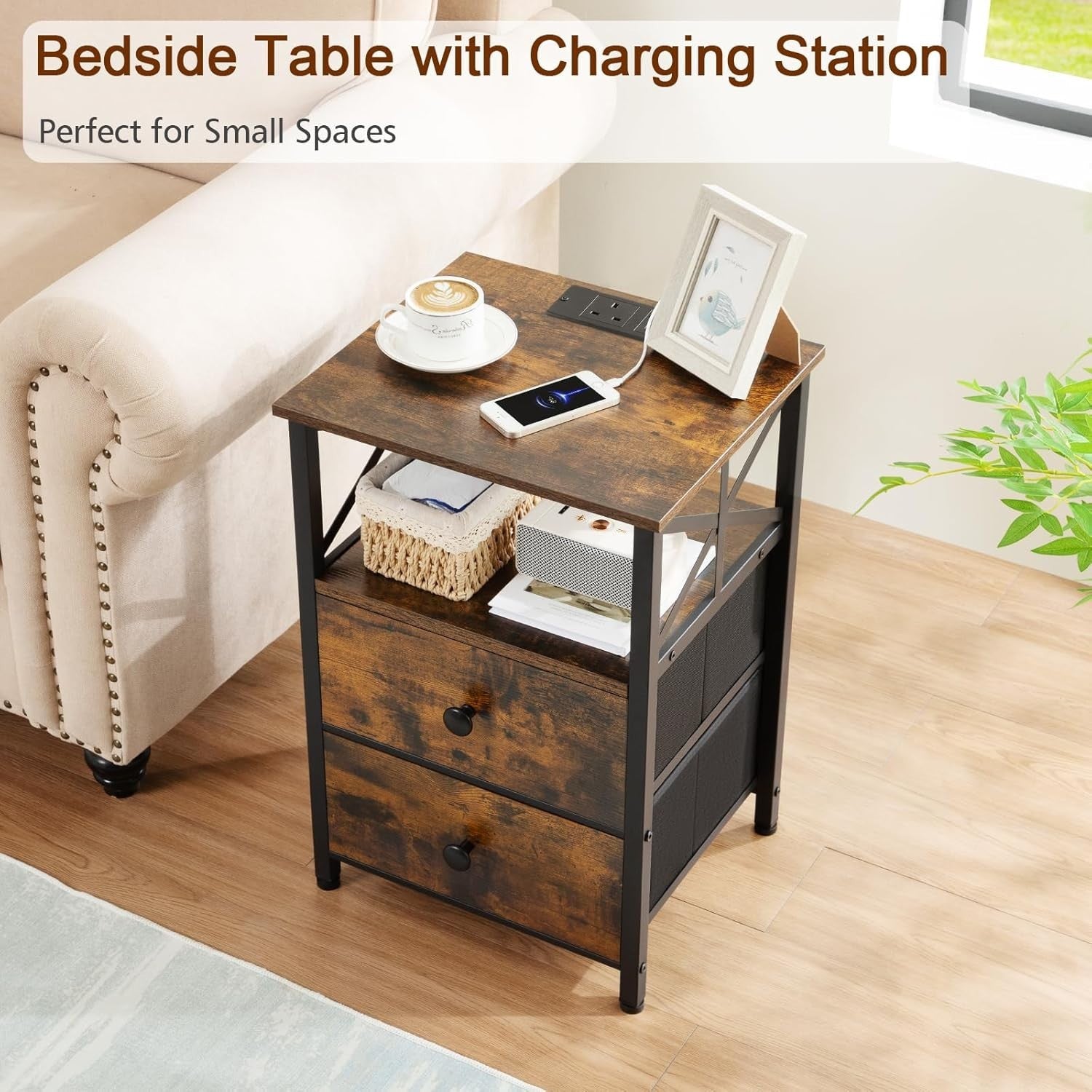 Set of 2 Brown Bedside Tables with USB Ports & Fabric Drawers