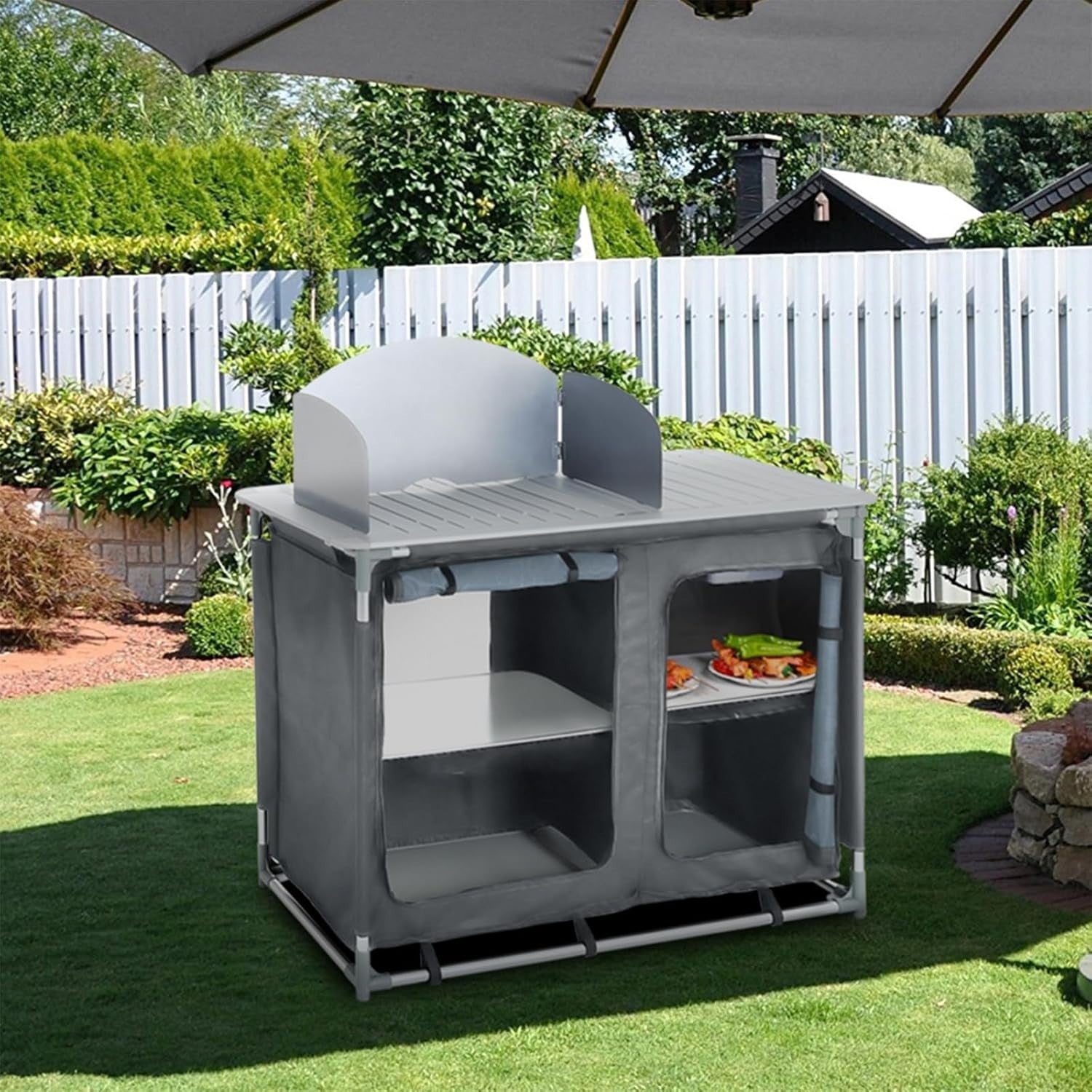 Outdoor Folding Camping Kitchen Table with Storage & Windproof Design Grey