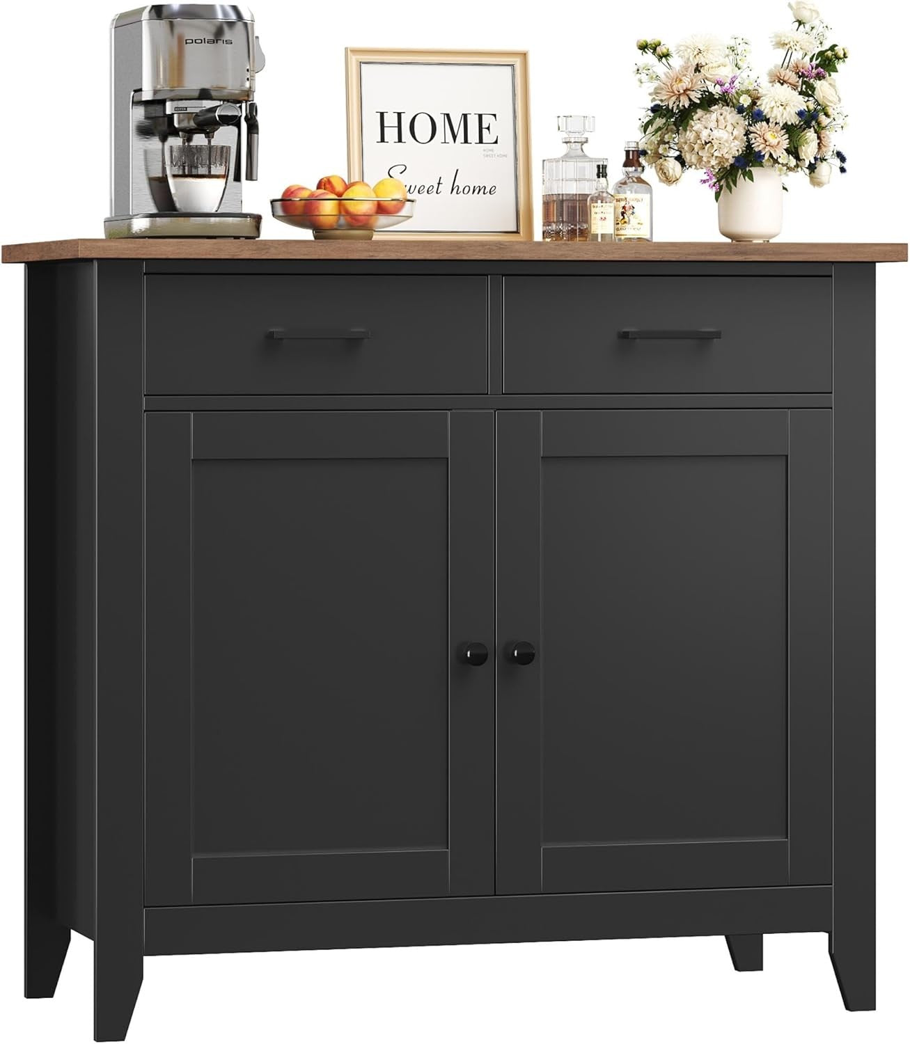Black Sideboard Cabinet 2 Door 2 Drawer Freestanding Storage 91cm