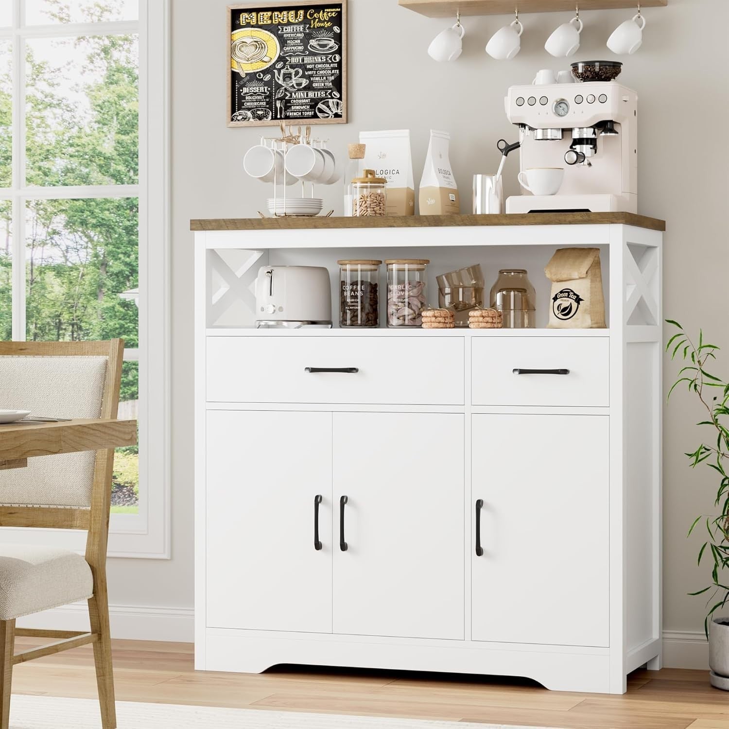 White Kitchen Sideboard Storage Unit with Drawers Shelves & Cupboard