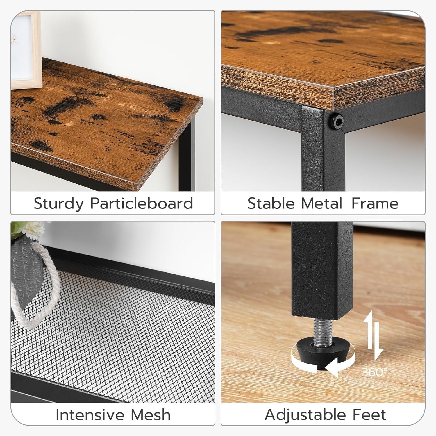 Slim 3-Tier Console Table 75cm Wide Storage Shelf Metal Frame Rustic Brown