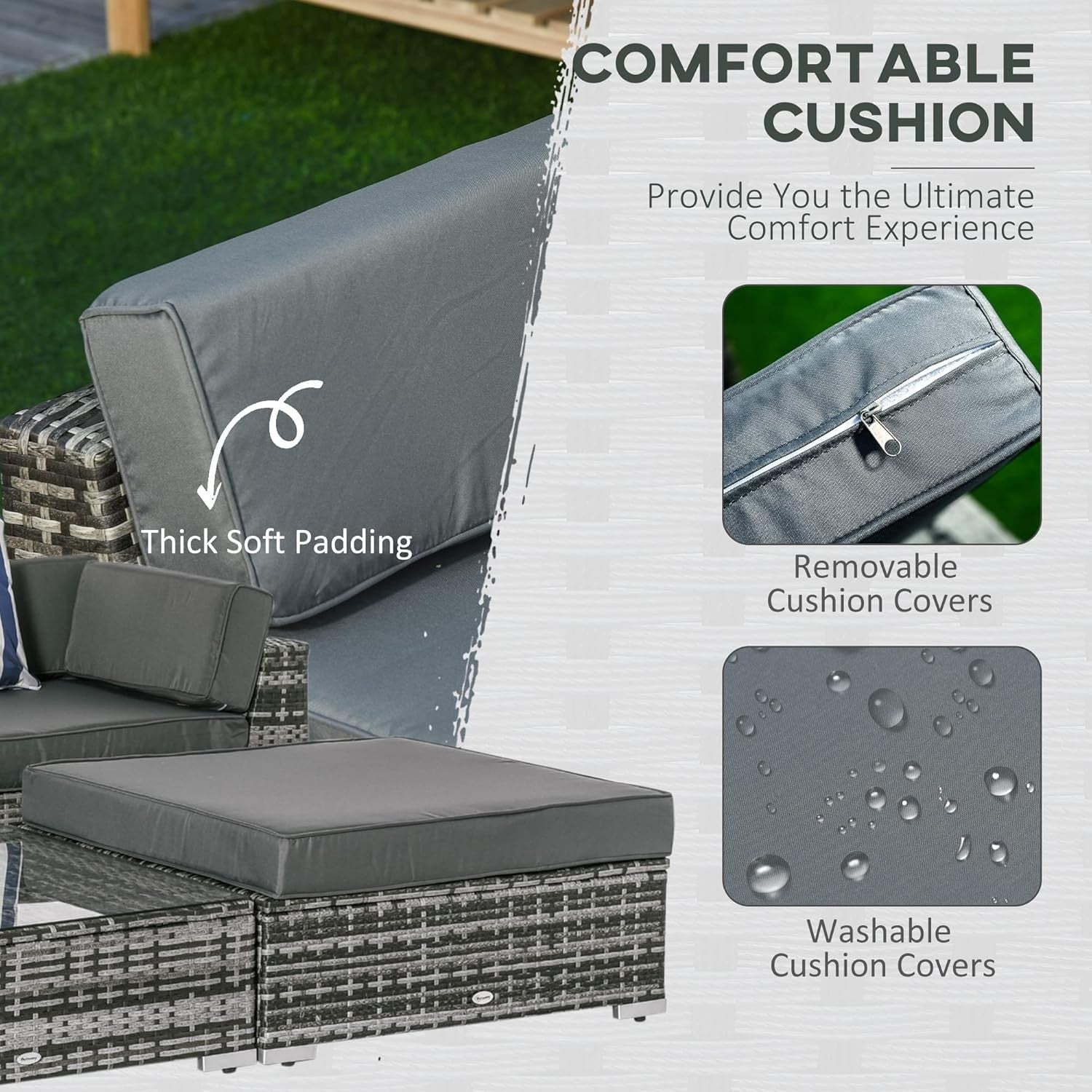 6 Seat Rattan Garden Sofa Set w/ Cushions, Table & Footstools Outdoor Patio