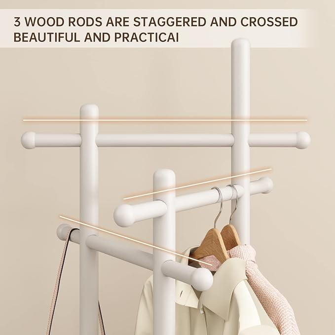 White Wooden Coat Rack Stand | 3 Shelves 360° Rotating 9 Hooks Hall Tree