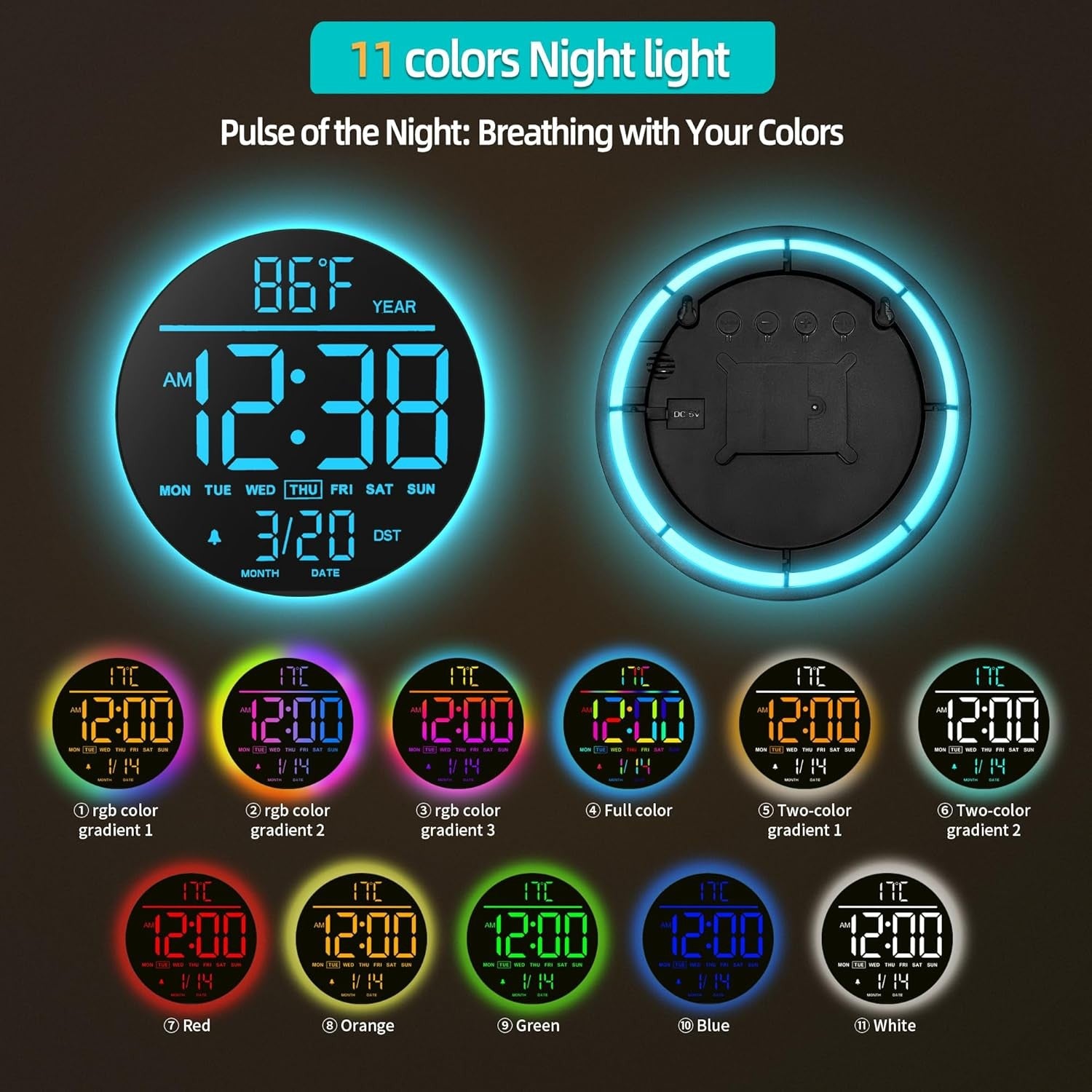Black Blue 10″ RGB Digital Wall Clock LED Large Display Remote Temperature