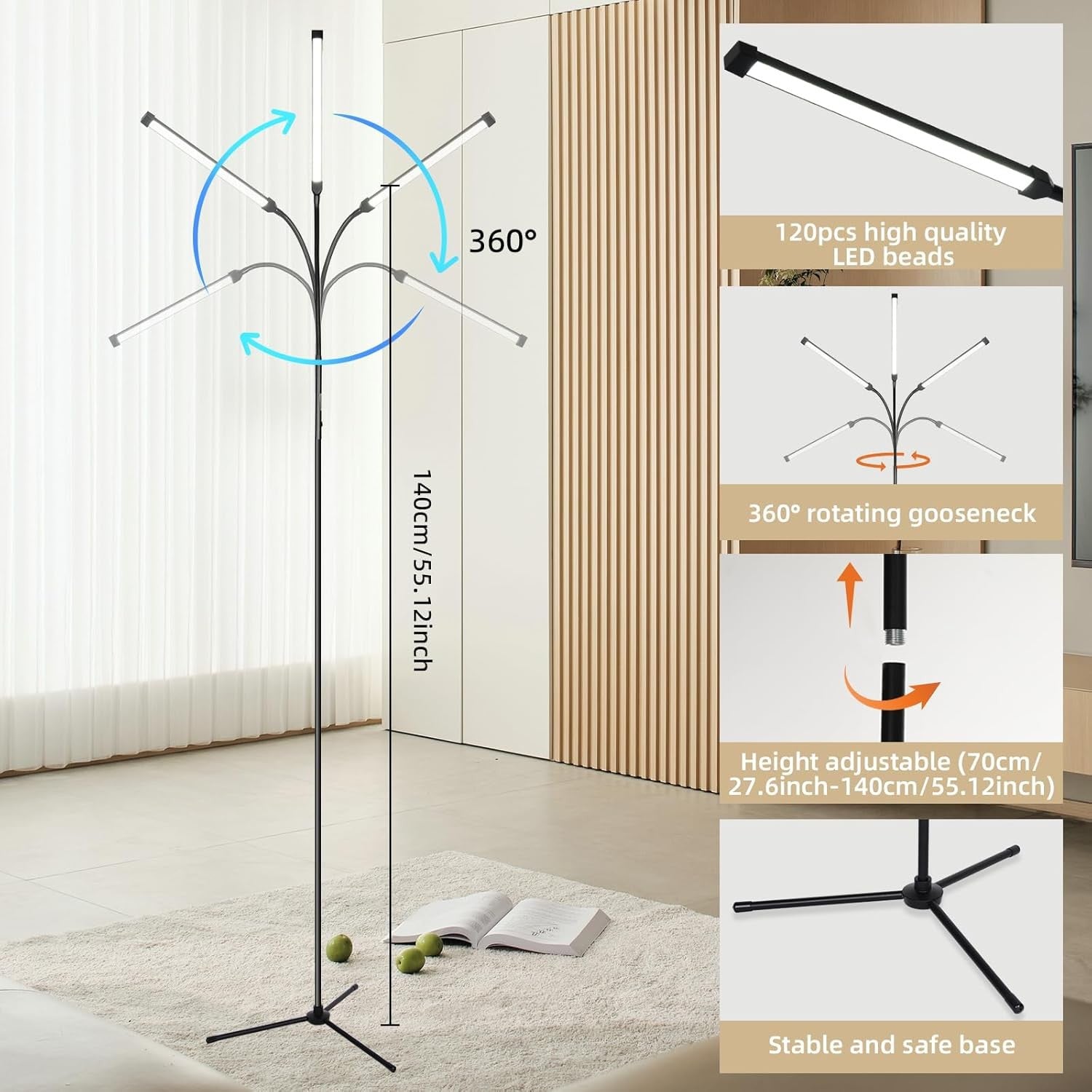 LED Floor Lamp Dimmable Gooseneck Reading Light 3 Colour Adjustable Stand