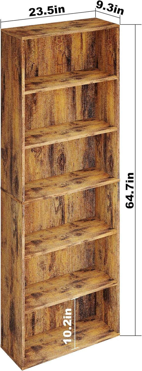 Rustic Wood 6 Tier Tall Bookcase Free Standing Open Shelf Storage Unit