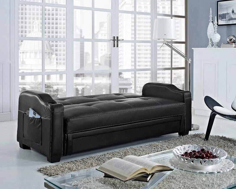 Black Faux Leather Sofa Bed w/ Storage Cup Holders Recliner Sleeper